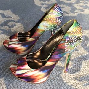 Holographic Rainbow Crystal Studded Aldo Platform Heels Size 7 New Years Party